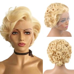 613 honigblonde Pixie-Schnitt-Spitzenperücke, kurze lockige 13 x 1-Teile für Frauen, lockeres, lockiges Echthaar