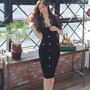 Enges Kleid aus schwarzer Spitze, kurzärmelig, V-Ausschnitt, sexy Büro, figurbetont, Kabarett-Partykleider für Frauen 210602