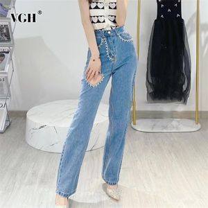 Casual Blue Denim Spodnie Dla Kobiet Wysoka Talia Hollow Out Diamenty Asymetryczne Proste Spodnie Kobiet Koreański Wiosna Moda 210531