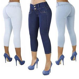 Plus Size Women Sexy Casual Cropped Pants Solid Color Button Fly Waist Slim Trousers Breathable Elastic Pencil Pants 210623