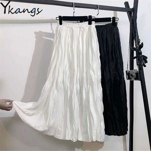Summer Vintage White Black Pleated Skirt Women Korean Style Casual High Waisted A-Line Long Skirts Midi Falda Streetwear 210619