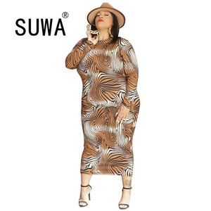 XL-5XL Plus Size Woman Dress Colorful Printed High Waist Long Sleeve Elegant Sexy Evening Party Bodycon Midi French Style 210525