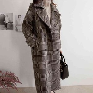 Kobiety Oversize Long Wool Coat Plaid Loose Double Breasted Fashion Kobiece Wiosna Jesień Odniewear Kurtki Trench Coats WJ110 211118