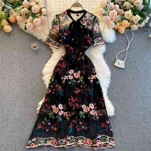 Women Fashion Contrast Bow Round Neck Short Sleeve Slim Embroidery Flower A-line Dress Elegant Vestidos De Mujer R322 210623