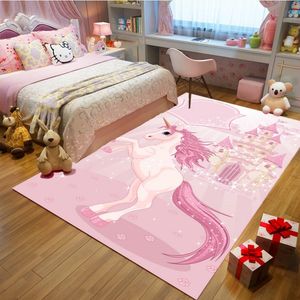 王女のピンクのカーペットの滑り止めのクロール漫画キッズルームの敷物とカーペットユニコーンの装飾の寝室のエリアの敷物の敷物かわいいTapete 210317