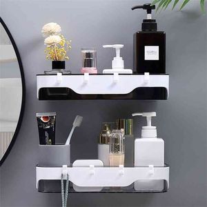 Wall-mounted Storage Rack Bathroom Shelf For Kitchen With Hooks Storage Bathroom Accessories Without Drill Plastic Container 210811
