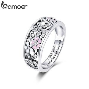 Ringos de cluster Bamoer Cherry Blossom Flower Finger Ring for Women Promise Wide Promise Wide With Words Fine Jewelry GXR390