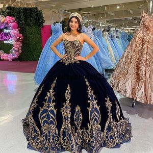 Marinblå quinceanera klänningar älskling halsringning glittrande paljetter pärlad veet 2022 prom bollklänning skräddarsydd söt 16 födelsedagsfest formell slitage