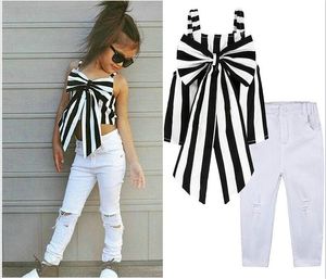 Småbarn Kids Girl Clothing Set Rands Big Bow T-shirt Crop Top Long Hole Jeans Pants Outfits Kids Girls Clothes