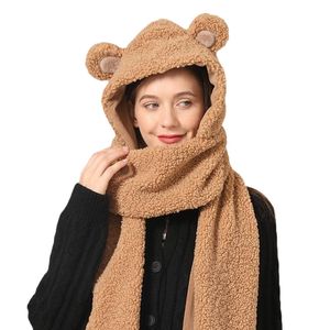 Berets 2021 Fashion Women Knitted Cartoon Bear Style Cute Hat Ear Fleece Hooded Scarf Neck Gloves Winter Three In One Girls