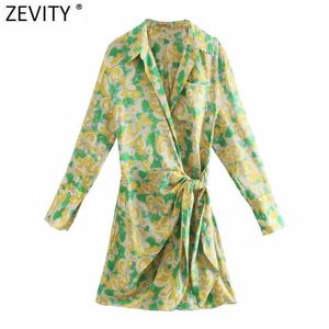 Zevity Women Vintage Floral Print Casual Slim Mini Shirt Klänning Kvinna Chic Långärmad Bow Tied Wrap Kimono Vestidos DS8346 210707