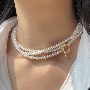 Elegante collana multiuso 5-6mm bianco perla d'acqua dolce perla dorata accessori maglione catena lungo 115 cm