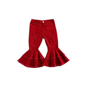 Jeans opperiaya crianças buraco botão flared casual cor sólida cor alta cintura rasgada calças fechadas para bebé meninas vermelho laranja