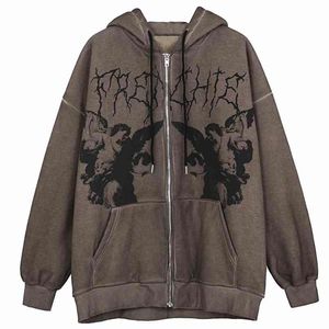 Hoodie Angel Fairy Grunge Dark Print Cool Куртка Пальто Женщины Хип-Хоп Улица Harajuku Аниме Толстовки Пальто на молнии Y2K Punk Girl 210813