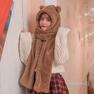 Czapki / Czapki Czapki Zimowe Kobiety Ciepłe Śliczne Niedźwiedź Ear Hat Casual Plush Scarf Rękawiczki Zestaw Solidne Fleece Caps1