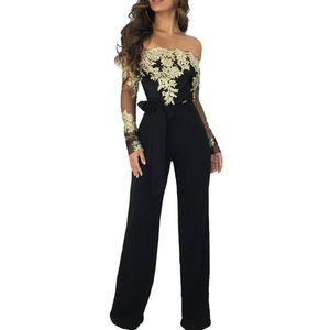 Women's Jumpsuits & Rompers Elegant Off The Shoulder Lace Jumpsuit Women Floral Embroidery Mesh Long Sleeve Romper Wide Leg Pants Formal Wit