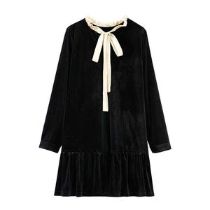 Misschien u fluwelen boog zwarte lange mouw losse mini korte jurk solid stand kraag herfst winter elegante vintage retro d0832