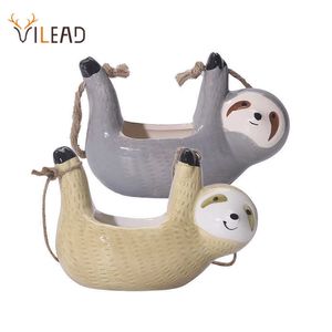 Vilead Ceramiczny Sloth Lazy Flower Wazon Figurki Wiszące Uchwyt Roślin Kreatywny Zwierząt Doniczka Duża Średnica Nordic Home Decor 210623