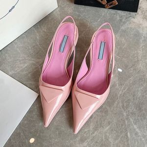 Women's Sandals with Triangle Label Low-heels Pointed Fashionable Mules Leather Shoes