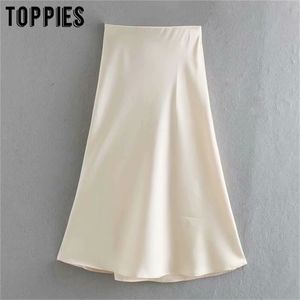 white satin midi skirts high waist pink a-line summer womens falas streetwear 210619
