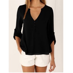 Kadın Gömlek Yaz Sonbahar Rahat V Yaka Şifon Bluz Tops ve S Uzun Kollu Siyah Beyaz Bayanlar Gömlek 210719