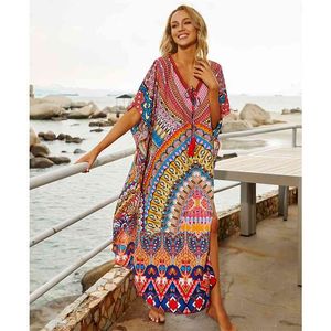 빠른 건조 보헤미안 프린트 느슨한 여름 해변 드레스 모로코 KAFTAN 여성 플러스 사이즈 비치웨어 Tassel MIDI Q897 210623