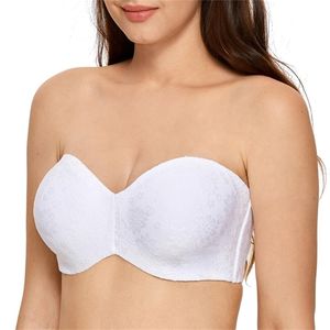 Kvinnors Floral Jacquard Non-Padded Underwire Minimizer Multiway Strapless Bra Plus Size A-G 210728