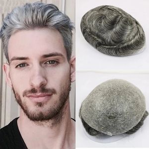 Durable Toupee Grey Or #1B Off Black Real Human Hair For Men Hairpiece Virgin Men's Wig Replacement System Male Natural Hairline