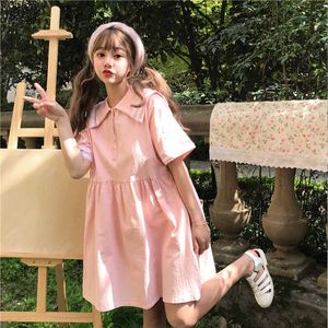 Sommar japansk mode casual hajuku kvinnlig söt rosa lös klänning stor storlek imperium söt peter pan collar 210608