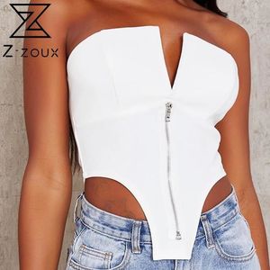 Frauen Tank Tops Tiefer V-Ausschnitt Ärmelloses Korsett Reißverschluss Schwarz Crop All Match Sexy Sommer Tanks Weiß 210524