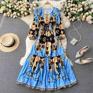 Kadın Moda Bohmian Retro Baskılı Yuvarlak Yaka Uzun Kollu Ince Plaj A-Line Casual Elbise Vintage Elbise Vestidos R672 210527