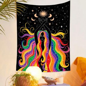 Arazzi Kawaii Beautiful Girl Tapestry Black Starry Wall Hanging Child Room Bedroom Dorm Art Hippie Anime Moon Decoration