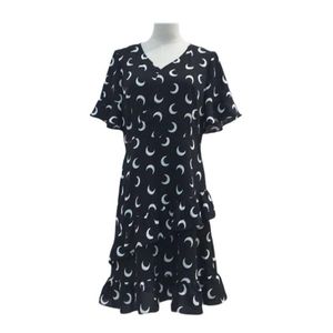 Lässige Kleider Vielleicht U Moon Print Kleid Frauen V-Ausschnitt Chiffon Kurzarm Mini Schwarz Weiß D1264