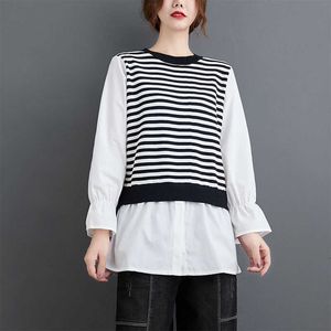 Vårhöst Korea Mode Kvinnor Långärmad Lös O-Neck SHIRTS Fake Two Piece Striped Stickad Casual Blouse Femme Toppar V300 210608