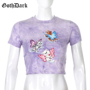 Dark E-Girl Goth Sweet Cat Графические печатные Летние футболки с коротким рукавом O-шеи BodyCon Crop The Tees Purple галстуки красит женские топы C0304