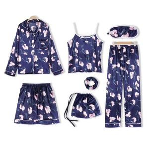 Spring Pajamas Suit Women Satin Home Wear Print Flower Sleep Set With Pocket Intimate Lingerie Navy Blue Pyjamas Q0706