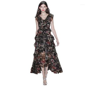 Verão 2021 Mulheres Estilo Francês Roupas Chiffon Long Beach Dress String Lace Up V Neck Sexy Aberto Voltar Alto Low Ruffle Maxi Dress1