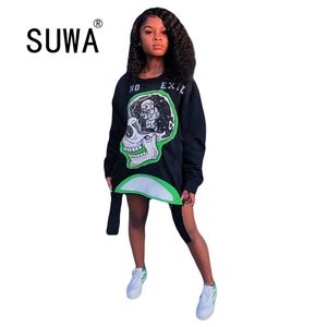 Autumn Winter Green Skeleton Printed Cool Girl BF Style Classic Top O Neck Long Sleeve Sweatshirt Women Tunic Mini Dress 210525