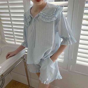 Summer Women's Lolita Princess Pajama set.tops + Shorts.Vintage Ladies Girl's Turn Down Collar Pajamas Set.sleepwear Loungewear 210830