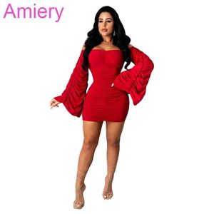 Fashion One Shoulder Pleated Skirt Women Solid Color Large Trumpet Sleeve Dress Sexy Nightclub Clothing Wear