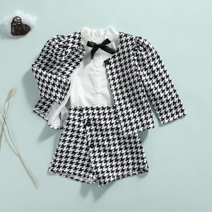 Clothing Sets Kids Toddler Baby Girl Fall Winter Clothes Houndstooth Long Sleeve Jacket Ruffle Shirt Top Mini Skirt Shorts 3PCS Outfits Set