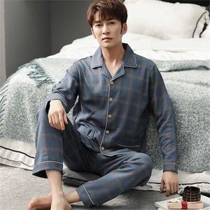 Wiosna 100% Bawełna Piżamy Mężczyźni Lounge Sleepwear Blue Plaid Pijama Ciepłe Bedgown Home Clothes PJ Pure Pijama Hombre Invinerno 211110