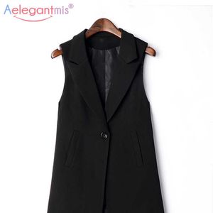 AELEGANTMIS Dorywczo Czarna Kamizelka Kobiety Elegancki Garnitur Wiosna Jesień Kurtki Bez Rękawów Outnawear Office Lady Slim Waistcoat Plus Rozmiar 210607