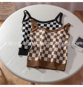 Design de moda feminino alça de espaguete tabuleiro de xadrez malha xadrez colete curto regata camisola
