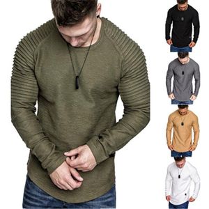 Mens Solid Colors T-shirt Fashion Trend Folds Long Sleeve Round Neck Skinny Tops Tees Clothing Spring Male Irregular Hem Casual Slim Tshirt