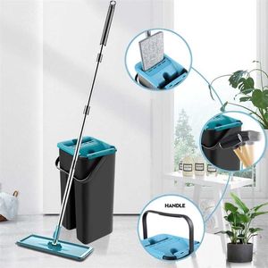 Squeeze Flat Mop With Bucket Free Hand Magic Microfiber Flexible Floor Mop Rag Wringing Rotary Tools For Clean Kitchen Household 211215