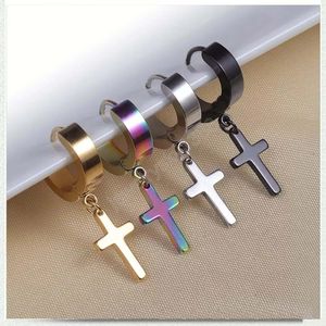 4 color Punk Stainless Steel Hypoallergenic Cross Dangle Earrings Men Fake Piercing clip on Hoop Drop Earring for Women Fashion Jewelry