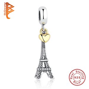 925 Sterling Silver Paris Wieża Eiffla Wisiorek Urok Złoto-Kolor Heart Charms Fit Pandora Oryginalny BW Bransoletki Kobiety Biżuteria Q0531