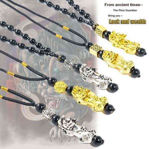 Pixiu hänge halsband lockar rikedom lycka till charm halsband kinesisk feng shui tro obsidian sten pärlor halsband smycken g1206