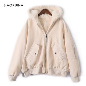 Biaoruina 여성의 가역 양털 패치 워크 폴리 에스터 따뜻한 두꺼운 폭격기 자켓 코트 가을 겨울 느슨한 후드 쇼트 파카 210204